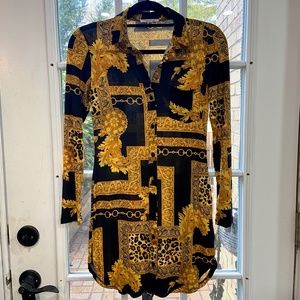 Timing Button Down Gold Print Dress